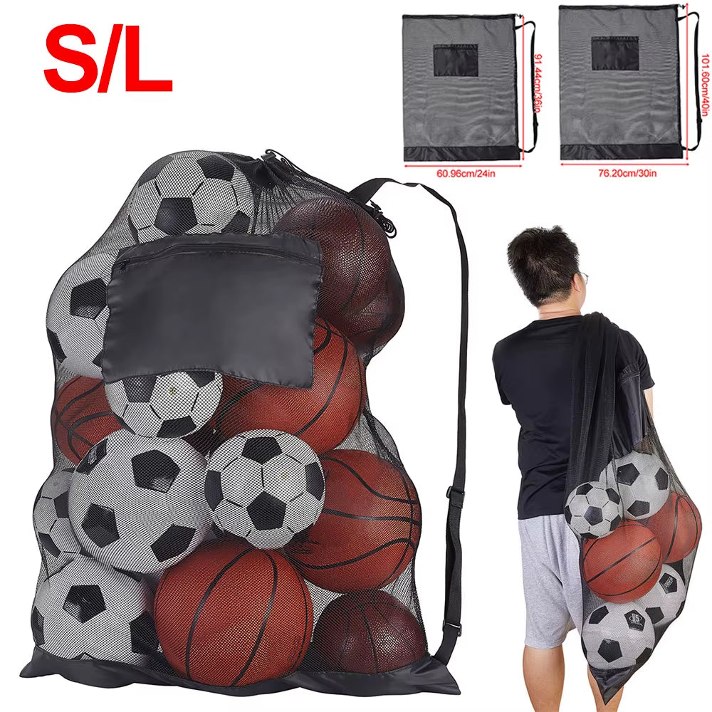 Mesh Soccer Ball Bag Extra Large Drawstring Basketball Storage Bag with Zipper Pocket Volleyball Football Net Pack Gym Bags