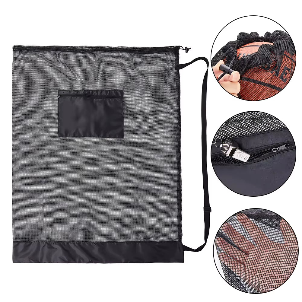 Mesh Soccer Ball Bag Extra Large Drawstring Basketball Storage Bag with Zipper Pocket Volleyball Football Net Pack Gym Bags