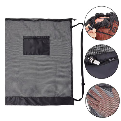 Mesh Soccer Ball Bag Extra Large Drawstring Basketball Storage Bag with Zipper Pocket Volleyball Football Net Pack Gym Bags